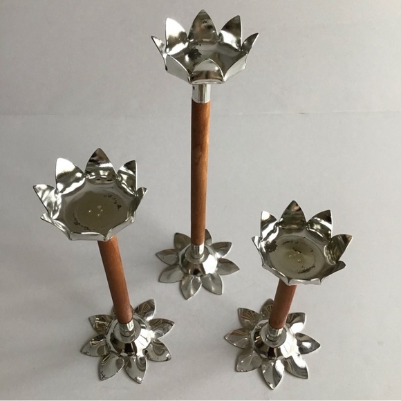 Vintage Mid Century Modern TRIO Wood Danish Look Votive Candle Holders Flowers - Picture 4 of 4